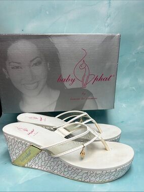 Baby Phat White Platform Wedge Thong Sandals with Gold Accent